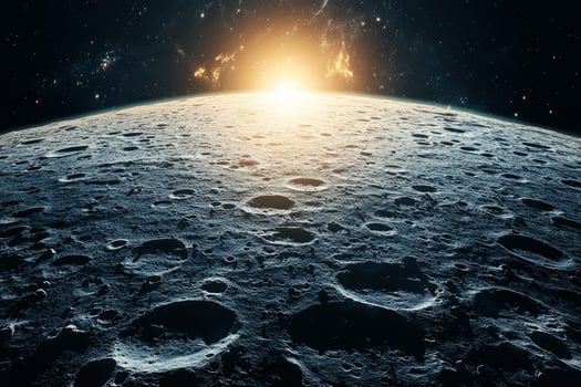 Moon surface with the sun rising on the horizon photo