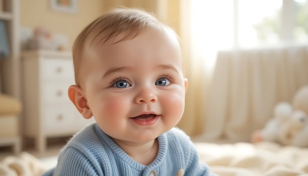 A baby with blue eyes is laying on a bed photo