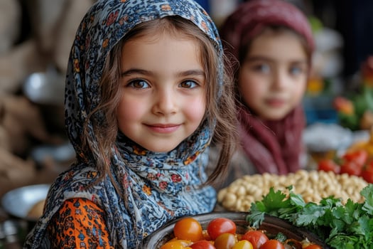 Two young girls are smiling and holding bowls of vegetables photo