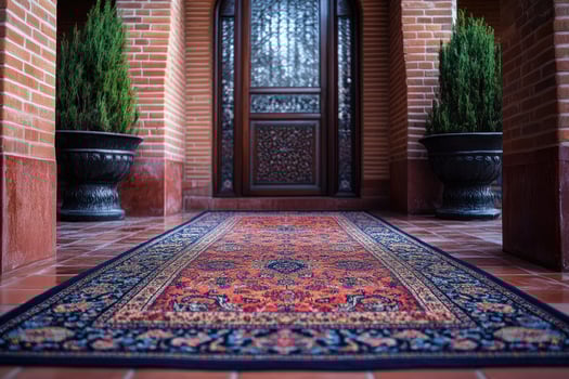 A red and blue oriental rug on the floor photo