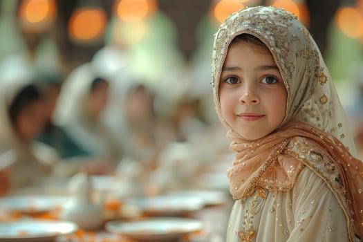 A little girl wearing a headscarf sitting at a table photo