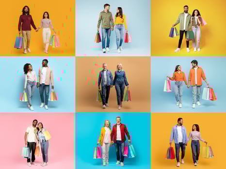 Various groups of people happily shop together, carrying colorful bags and enjoying a sale. The vibrant backdrop highlights the excitement of consumerism during festive shopping events. photo