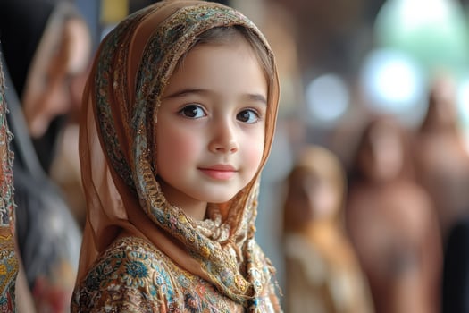 A little girl wearing a headscarf and looking at the camera photo