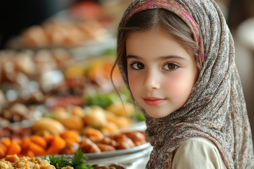 A young girl wearing a headscarf standing in front of a buffet of food photo