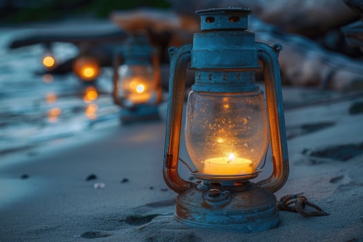 A group of lanterns on the beach photo