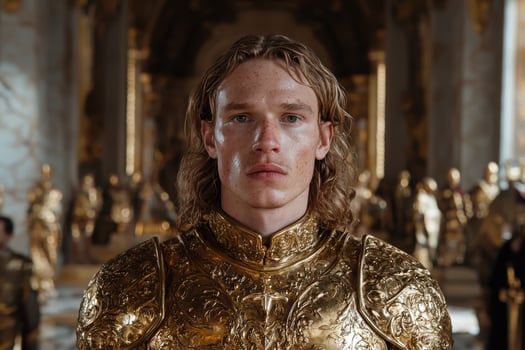 Portrait of a young man in shining golden armor. photo