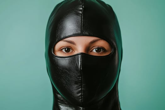 Close up of a womans eyes peering through a black leather balaclava photo