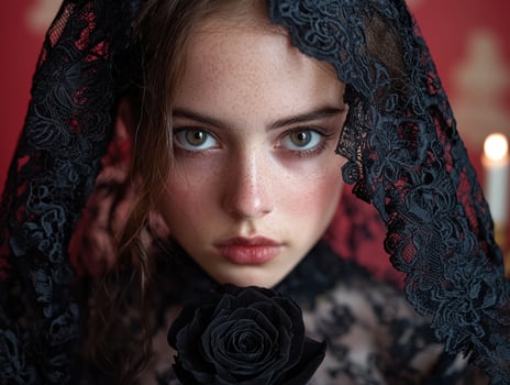 Portrait of a girl in a black lace veil holding a black rose photo