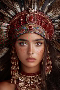 Portrait of a young woman wearing a native american headdress photo