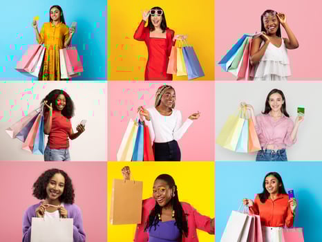 A vibrant collage featuring women actively shopping and showcasing their purchases. Each individual displays a variety of shopping bags, reflecting the excitement of consumerism during a holiday sale. photo