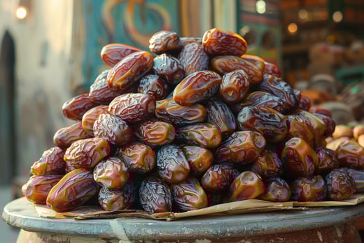 A pile of dates sitting on top of a wooden table photo