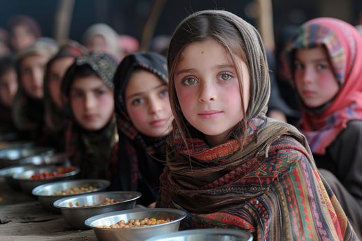 A group of young girls are sitting at a table with bowls of food photo