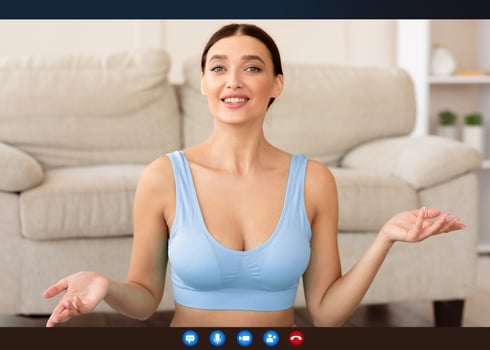 Online Fitness Training. Blogger Girl On Laptop Screen Explaining Workout Basics Exercising At Home. Collage photo