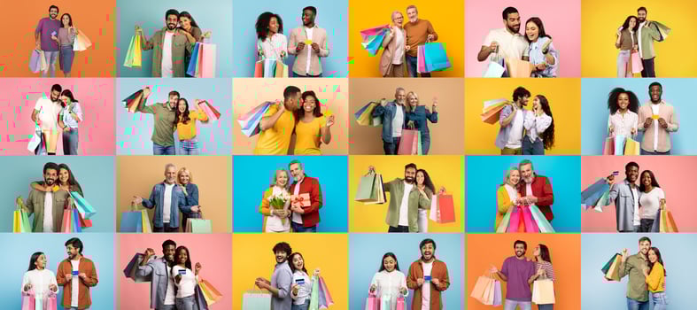A lively collection of people shopping, showcasing their colorful bags and excitement for holiday discounts. This collage captures the joy of consumerism during Black Friday sales. photo