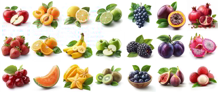 huge set collection row of colorful fruits in order of color or rainbow spectrum isolated white background. big collage of healthy food ingredients photo