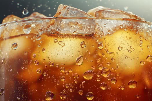 Refreshing cold beverage with ice, bubbles, and condensation on a warm summer afternoon. photo