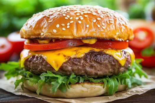 A delicious cheeseburger with fresh toppings served on a wooden table at a summer picnic. photo