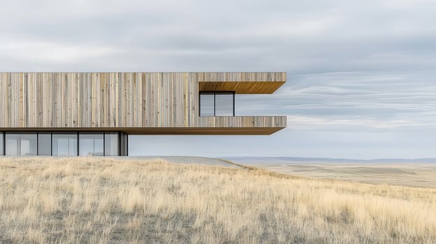 Modern Architectural Design Wood Clad House on Grassy Hilltop with Expansive View photo