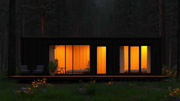 Modern Black Cabin in Forest at Night Illuminated Interior Cozy Retreat photo