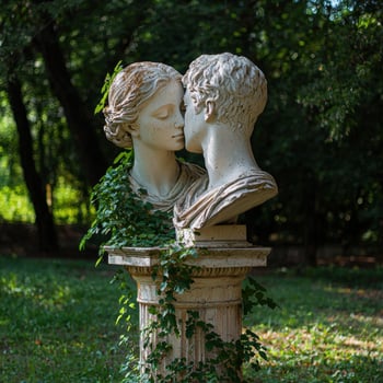 Stone couple kissing statue in a garden photo