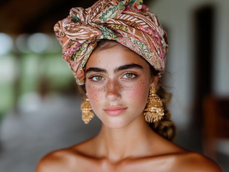 Woman with freckles wearing a headscarf and gold earrings photo