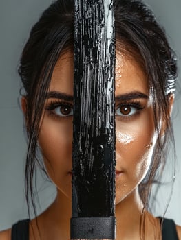 Close up portrait of a woman with a black blade covering her face photo