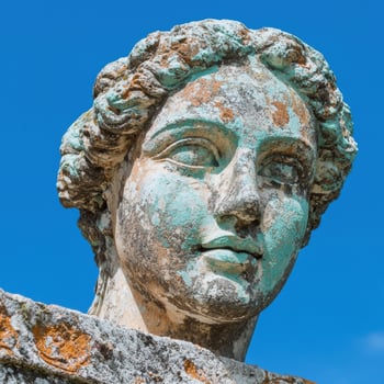 Close up of a weathered stone statue of a womans head against a clear blue sky photo