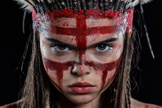 Close up portrait of a woman with red war paint on her face photo