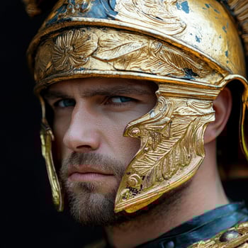 Close up portrait of a man in a golden roman helmet photo