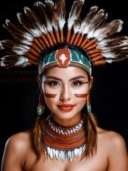 Portrait of a Native American woman wearing traditional headdress and jewelry photo