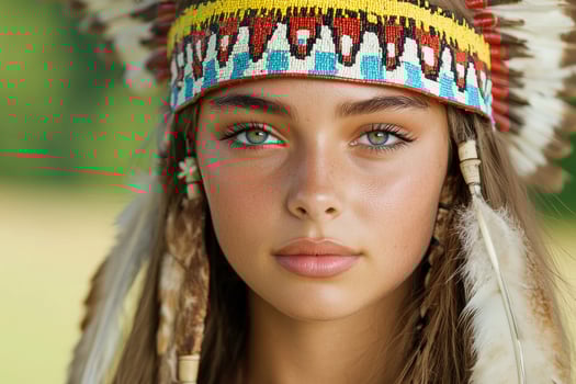 Close up portrait of a young woman wearing a native american headdress photo