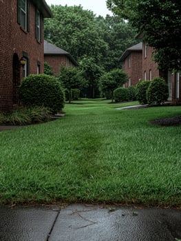 Rainy day view of brick apartment buildings with lush green lawns photo