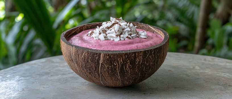 Delicious smoothie bowl with coconut flakes in a coconut shell bowl photo