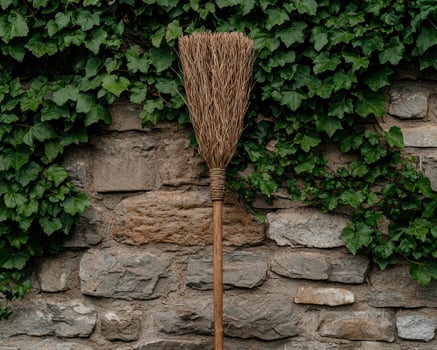 A rustic broom leans against a stone wall covered in ivy photo