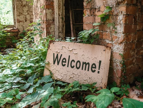 Overgrown welcome sign in abandoned building photo