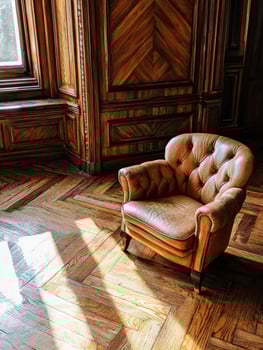 Leather armchair in a sunlit room with wooden floors and walls photo