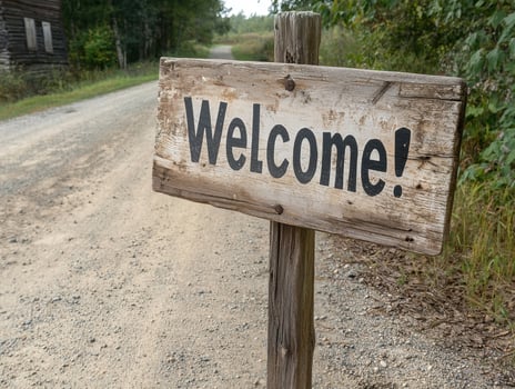 Rustic wooden welcome sign on a country road photo