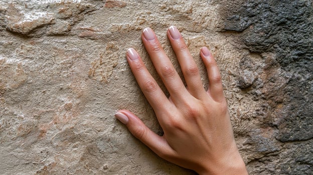 Womans hand with nude nails on a textured stone background photo
