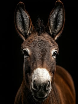 A close up portrait of a brown donkey against a black background photo