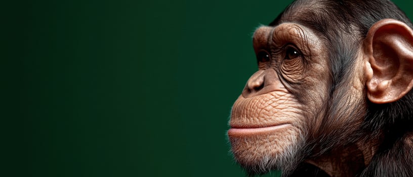 Close up profile of a chimpanzee against a dark green background photo
