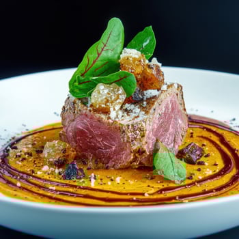 Close up of gourmet grilled beef steak with orange sauce and garnish photo