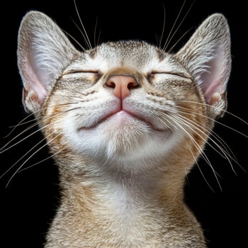 Close up of a happy tabby kitten with eyes closed photo