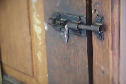 photo of door lock hinges installed on the house door. as home security