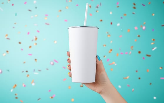 hand holding blank white cup with straw against colorful confetti background, creating festive and vibrant atmosphere photo