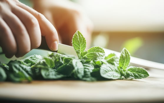 Fresh stevia leaves being chopped on wooden board, showcasing vibrant green colors and close up of hands skillfully using knife. scene evokes sense of freshness and culinary creativity photo