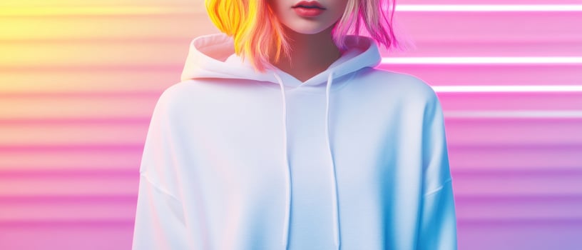 vibrant, stylish woman wearing white hoodie stands against colorful neon background, exuding modern and trendy vibe photo