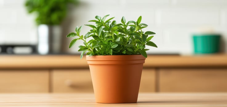 Fresh stevia plants in modern terracotta pot on kitchen table, showcasing vibrant green leaves and cozy home atmosphere photo