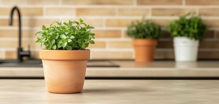 modern terracotta pot with fresh green herbs sits on kitchen countertop, surrounded by other potted plants. warm tones of brick wall enhance inviting atmosphere photo