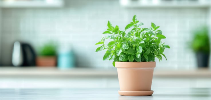 Fresh stevia plant in modern terracotta pot on kitchen counter, surrounded by greenery, creating vibrant and inviting atmosphere photo
