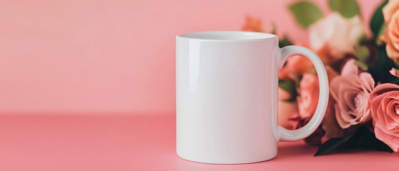 white mug on pastel pink table with bouquet of roses in background, creating serene and inviting atmosphere. Perfect for showcasing designs or branding photo